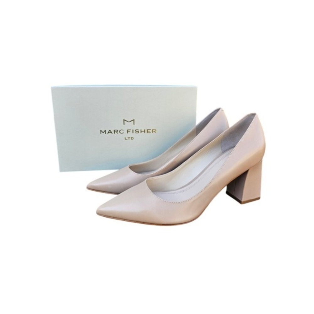 Marc Fisher Zala Pumps 9 Tan Leather Pointed Toe Block Heel Minimalist Classic ~